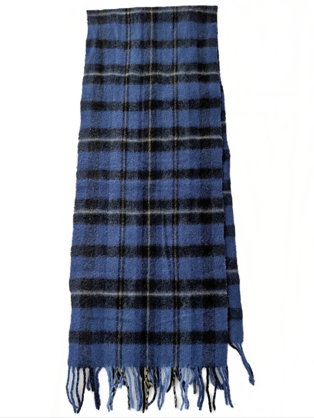 VINTAGE Wool Tartan Plaid Scarf Soft Blue Black Yellow Fringe 65